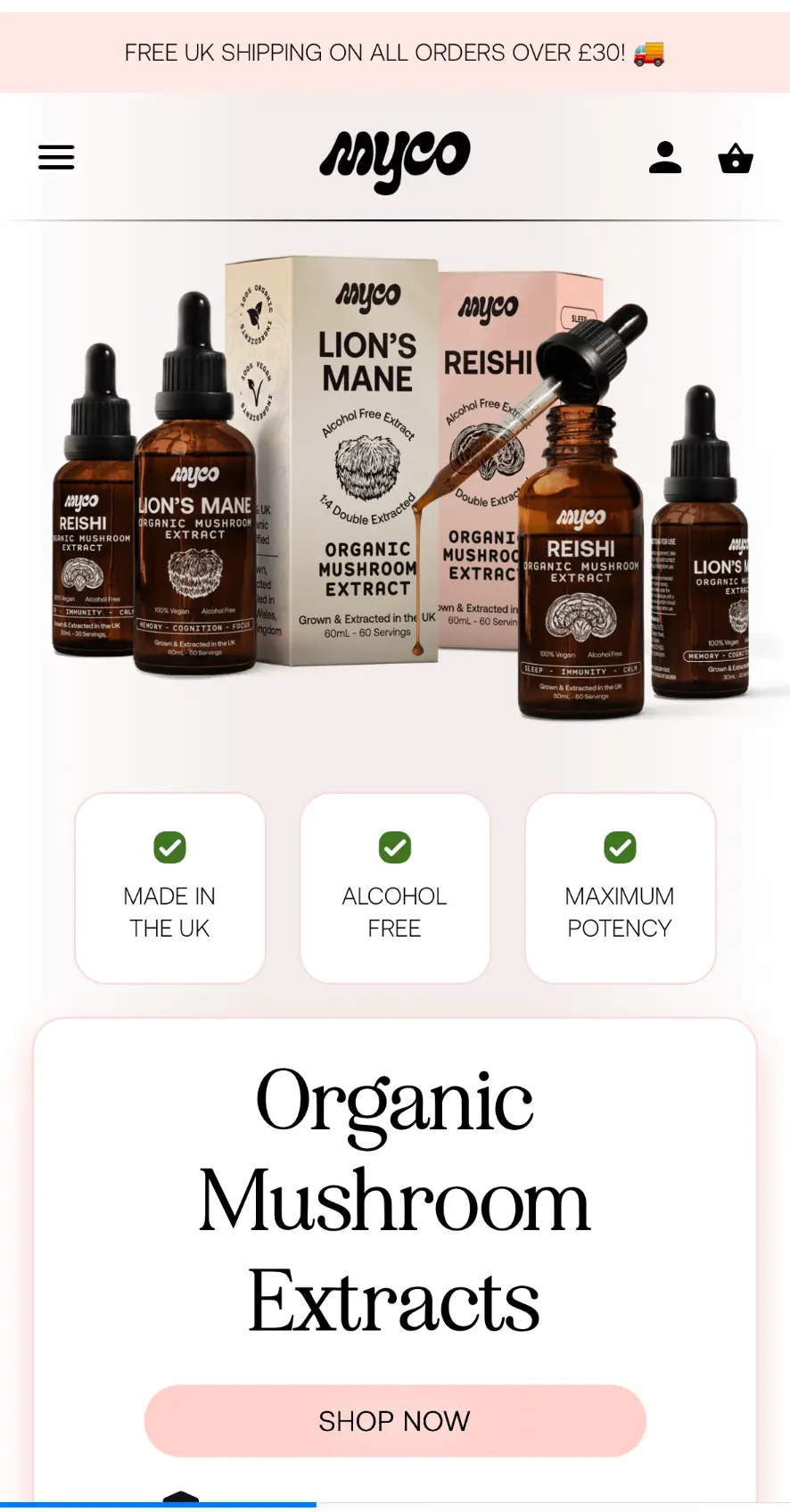Myco e-commerce website shown on a mobile phone